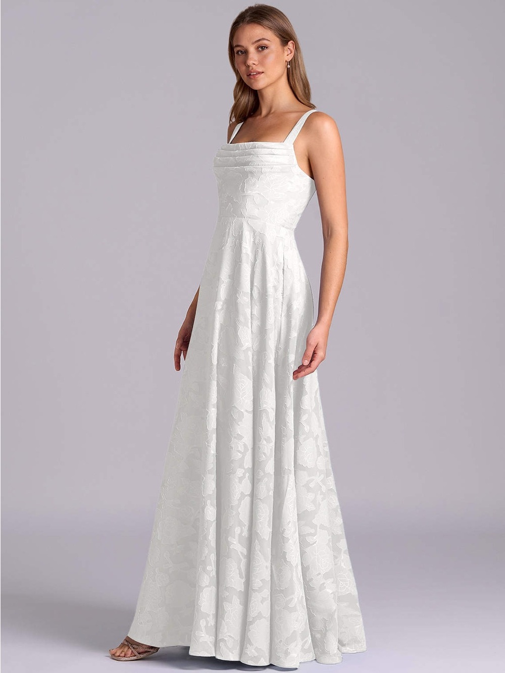 Azazie White Floral Jacquard Square-Neck Maxi Dress